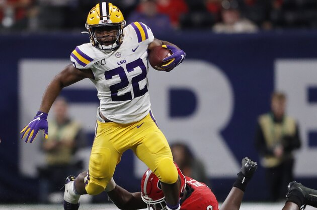 LSU running back Clyde Edwards-Helaire (22) during the second half of the Southeastern Conference championship NCAA college football game, Saturday, Dec. 7, 2019, in Atlanta. (AP Photo/John Bazemore)