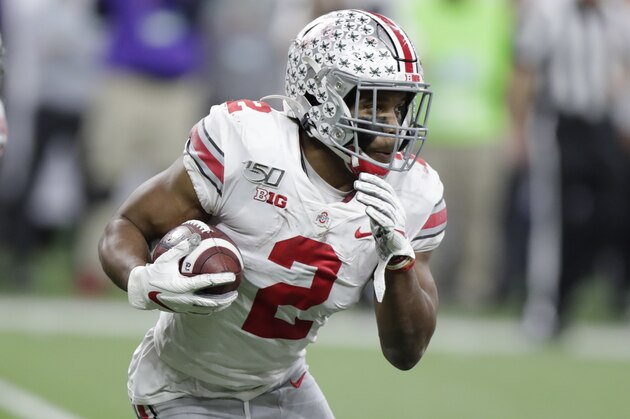 Ohio State running back J.K. Dobbins (2) runs during the first half of the Big Ten championship NCAA college football game against Wisconsin, Saturday, Dec. 7, 2019, in Indianapolis. (AP Photo/Michael Conroy)