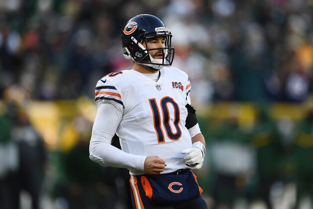 GREEN BAY, WISCONSIN - DECEMBER 15:  Mitchell Trubisky #10 of the Chicago Bears looks to the sideline during a game against the Green Bay Packers at Lambeau Field on December 15, 2019 in Green Bay, Wisconsin. (Photo by Stacy Revere/Getty Images)