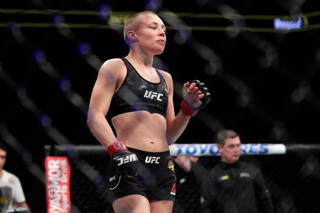 Rose Namajunas reacts after the second round of a women's strawweight title bout against Poland's Joanna Jedrzejczyk at UFC 223 Saturday, April 7, 2018, in New York. Namajunas won the fight. (AP Photo/Frank Franklin II)