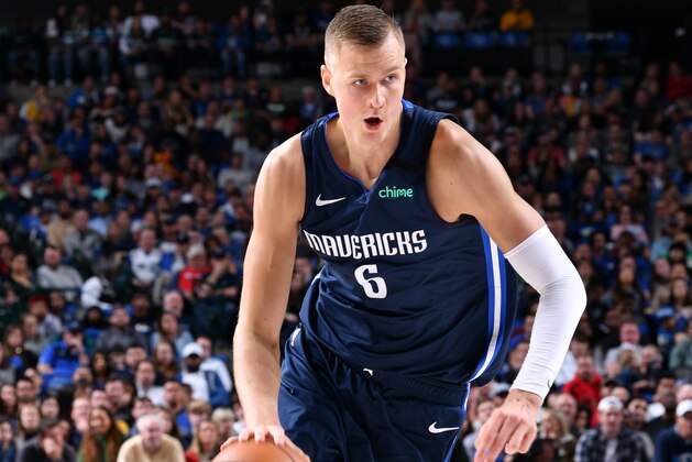 DALLAS, TX - MARCH 8: Kristaps Porzingis #6 of the Dallas Mavericks handles the ball against the Indiana Pacers on March 8, 2020 at the American Airlines Center in Dallas, Texas. NOTE TO USER: User expressly acknowledges and agrees that, by downloading and or using this photograph, User is consenting to the terms and conditions of the Getty Images License Agreement. Mandatory Copyright Notice: Copyright 2020 NBAE (Photo by Glenn James/NBAE via Getty Images)