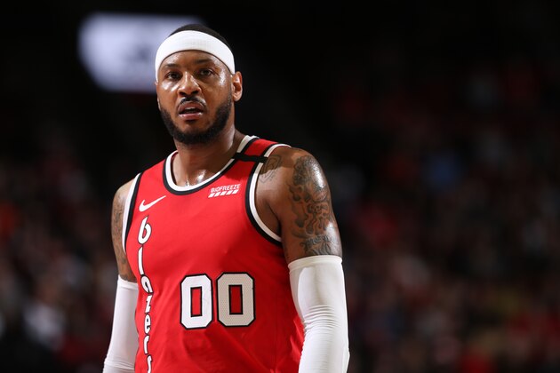PORTLAND, OR - MARCH 10: Carmelo Anthony #00 of the Portland Trail Blazers looks on against the Phoenix Suns on March 10, 2020 at the Moda Center Arena in Portland, Oregon. NOTE TO USER: User expressly acknowledges and agrees that, by downloading and or using this photograph, user is consenting to the terms and conditions of the Getty Images License Agreement. Mandatory Copyright Notice: Copyright 2020 NBAE (Photo by Sam Forencich/NBAE via Getty Images)