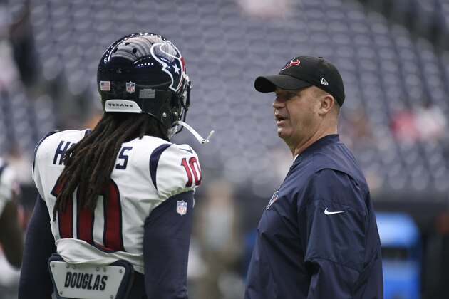 Houston Texans head coach Bill O'Brien, right, talks with wide receiver DeAndre Hopkins (10) prior to an NFL football game Sunday, Sept. 10, 2017, in Houston. (AP Photo/Eric Christian Smith) Houston Texans head coach Bill O'Brien, right, talks with wide receiver DeAndre Hopkins (10) prior to an NFL football game Sunday, Sept. 10, 2017, in Houston. (AP Photo/Eric Christian Smith)