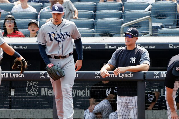 NEW YORK, NY - AUGUST 16:  (NEW YORK DAILIES OUT)   Blake Snell #4 of the Tampa Bay Rays in action against Aaron Judge #99 of the New York Yankees at Yankee Stadium on August 16, 2018 in the Bronx borough of New York City. The Rays defeated the Yankees 3-1.  (Photo by Jim McIsaac/Getty Images)