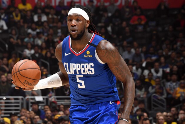 LOS ANGELES, CA - MARCH 8: Montrezl Harrell #5 of the LA Clippers handles the ball during the game against the Los Angeles Lakers on March 8, 2020 at STAPLES Center in Los Angeles, California. NOTE TO USER: User expressly acknowledges and agrees that, by downloading and/or using this Photograph, user is consenting to the terms and conditions of the Getty Images License Agreement. Mandatory Copyright Notice: Copyright 2020 NBAE (Photo by Andrew D. Bernstein/NBAE via Getty Images)