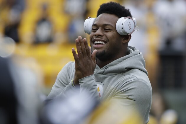 Pittsburgh Steelers wide receiver JuJu Smith-Schuster greets teammates before an NFL football game against the Cleveland Browns, Sunday, Dec. 1, 2019, in Pittsburgh. (AP Photo/Gene J. Puskar)