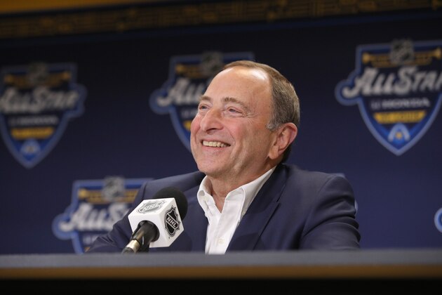 ST LOUIS, MISSOURI - JANUARY 24: Commissioner Gary Bettman speaks to the media prior to the 2020 NHL All-Star Skills Competition at Enterprise Center on January 24, 2020 in St Louis, Missouri. (Photo by Bruce Bennett/Getty Images)