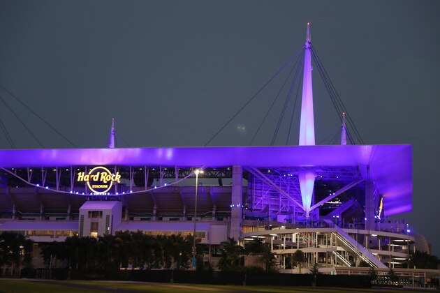 MIAMI GARDENS, FLORIDA  - APRIL 09: The Hard Rock stadium is seen during the Light It Blue initiative on April 09, 2020 in Miami Gardens, Florida. Landmarks and buildings across the nation are displaying blue lights to show support for health care workers and first responders on the front lines of the COVID-19 pandemic.   (Photo by Joe Raedle/Getty Images)