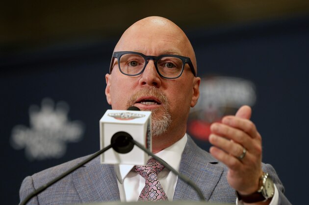 New Orleans Pelicans executive vice president of basketball operations David Griffin speaks at a news conference introducing their first-round draft pick Zion Williamson at their practice facility in Metairie, La., Friday, June 21, 2019. (AP Photo/Gerald Herbert)