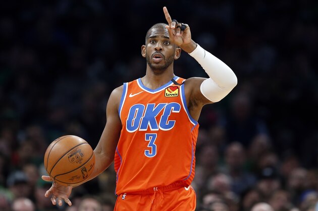 Oklahoma City Thunder's Chris Paul plays against the Boston Celtics during an NBA basketball game, Sunday, March, 8, 2020, in Boston. (AP Photo/Michael Dwyer)