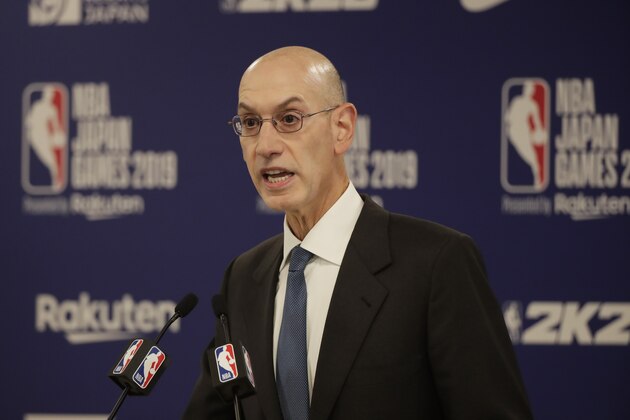 NBA Commissioner Adam Silver speaks at a news conference before an NBA preseason basketball game between the Houston Rockets and the Toronto Raptors Tuesday, Oct. 8, 2019, in Saitama, near Tokyo. (AP Photo/Jae C. Hong)