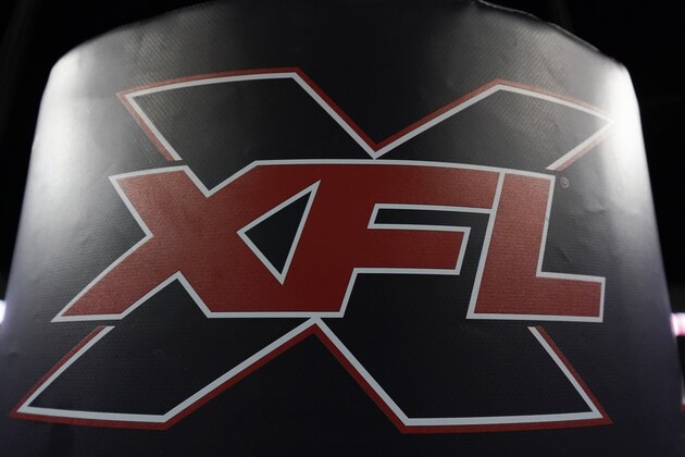The XFL logo is on a goal post pad after an XFL football game, Saturday, Feb. 8, 2020, in Houston. (AP Photo/Matt Patterson)