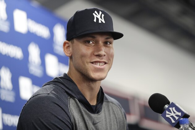 New York Yankees' Aaron Judge speaks at a news conferece after a spring training baseball workout Tuesday, Feb. 18, 2020, in Tampa, Fla. (AP Photo/Frank Franklin II)