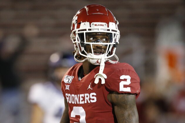 Oklahoma wide receiver CeeDee Lamb (2) before an NCAA college football game against TCU in Norman, Okla., Saturday, Nov. 23, 2019. (AP Photo/Sue Ogrocki)