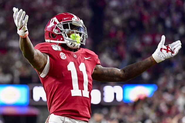 Alabama wide receiver Henry Ruggs III (11) salutes the fans against LSU during the second half of an NCAA football game Saturday, Nov. 9, 2019, in Tuscaloosa, Ala. LSU won 46-41. (AP Photo/Vasha Hunt)