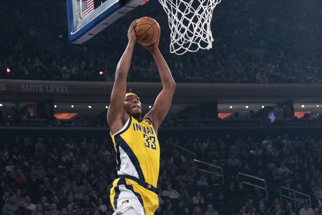 Indiana Pacers center Myles Turner goes to the basket in the first half of an NBA basketball game against the New York Knicks, Friday, Feb. 21, 2020, at Madison Square Garden in New York. (AP Photo/Mary Altaffer) Indiana Pacers center Myles Turner goes to the basket in the first half of an NBA basketball game against the New York Knicks, Friday, Feb. 21, 2020, at Madison Square Garden in New York. (AP Photo/Mary Altaffer)