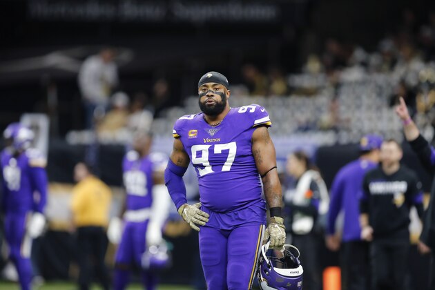 Minnesota Vikings defensive end Everson Griffen (97) warms up before an NFL wild-card playoff football game against the New Orleans Saints, Sunday, Jan. 5, 2020, in New Orleans. (AP Photo/Brett Duke)