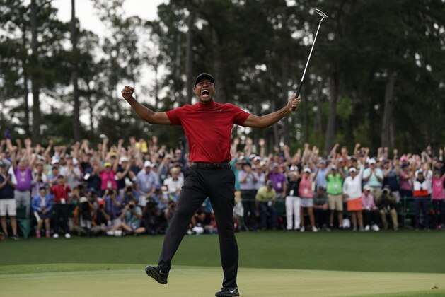 Tiger Woods reacts as he wins the Masters golf tournament Sunday, April 14, 2019, in Augusta, Ga. (AP Photo/David J. Phillip)