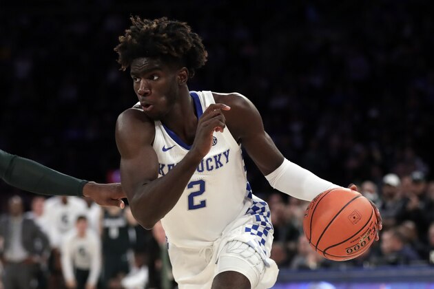 Kentucky forward Kahlil Whitney (2) drives to the basket during the second half of an NCAA college basketball game against Michigan State on Tuesday, Nov. 5, 2019, in New York. Kentucky won 69-62. (AP Photo/Adam Hunger)