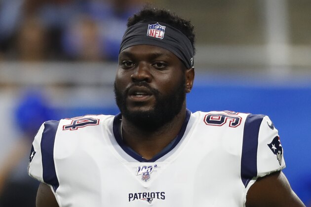 New England Patriots defensive end Ufomba Kamalu runs on the field during an NFL preseason football game against the Detroit Lions in Detroit, Thursday, Aug. 8, 2019. (AP Photo/Paul Sancya)