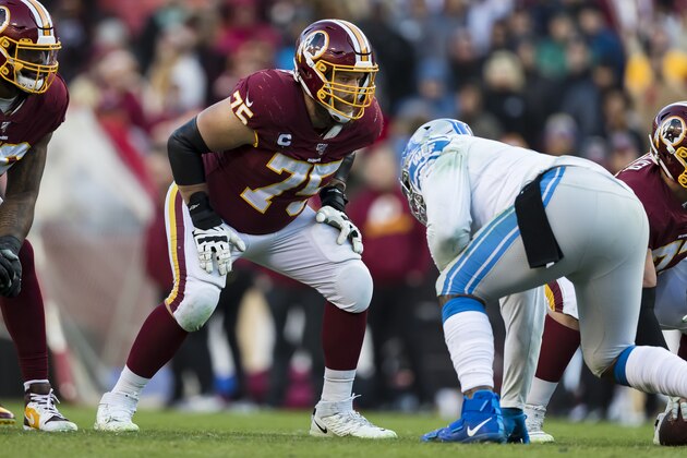 LANDOVER, MD - NOVEMBER 24: Brandon Scherff #75 of the Washington Redskins lines up against the Detroit Lions during the second half at FedExField on November 24, 2019 in Landover, Maryland. (Photo by Scott Taetsch/Getty Images)
