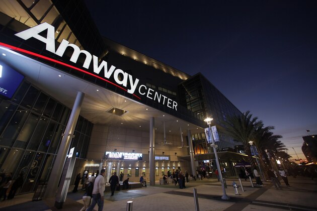 An exterior view of the Amway Center arena, home of the Orlando Magic, prior to an NBA basketball game against the Houston Rockets in Orlando, Fla., Friday, Jan. 7, 2011.(AP Photo/John Raoux)