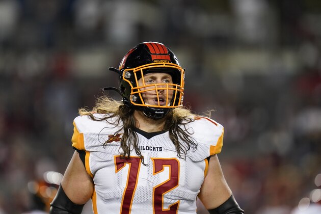 Los Angeles Wildcats offensive lineman Storm Norton (72) runs downfield during an XFL football game, Saturday, Feb. 8, 2020, in Houston. (AP Photo/Matt Patterson)