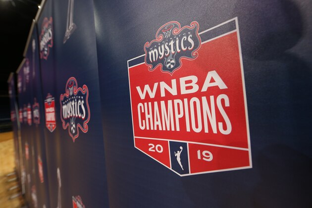 WASHINGTON, DC - OCTOBER 11: A shot of the Washington Mystics WNBA Champions 2019 signage during the Washington Mystics Party on October 11, 2019 at St Elizabeths East Entertainment & Sports Arena in Washington, DC. NOTE TO USER: User expressly acknowledges and agrees that, by downloading and or using this photograph, User is consenting to the terms and conditions of the Getty Images License Agreement. (Photo by Ned Dishman/NBAE via Getty Images)