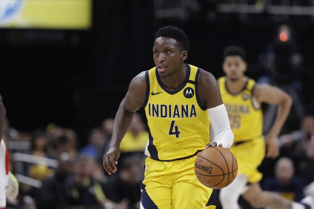 Indiana Pacers' Victor Oladipo (4) dribbles during the second half of an NBA basketball game against the Toronto Raptors, Friday, Feb. 7, 2020, in Indianapolis. Toronto won 115-106. (AP Photo/Darron Cummings)