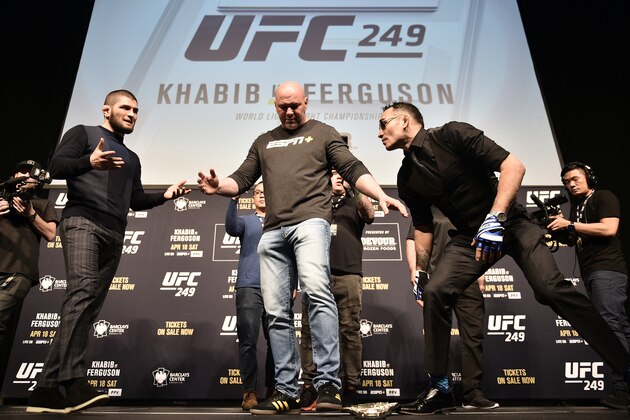 LAS VEGAS, NEVADA - MARCH 06: (L-R) Opponents Khabib Nurmagomedov and Tony Ferguson face off during the UFC 249 press conference at T-Mobile Arena on March 06, 2020 in Las Vegas, Nevada. (Photo by Chris Unger/Zuffa LLC)