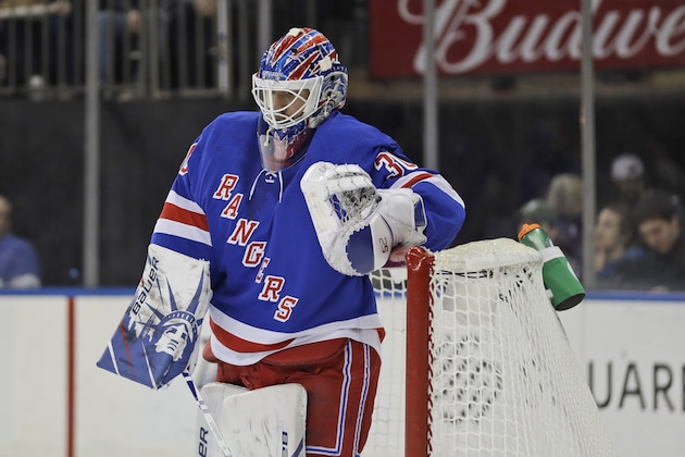 New York Rangers goaltender Henrik Lundqvist reacts after being scored on by the Philadelphia Flyers during the first period of the NHL hockey game, Sunday, March 1, 2020, in New York. (AP Photo/Seth Wenig)