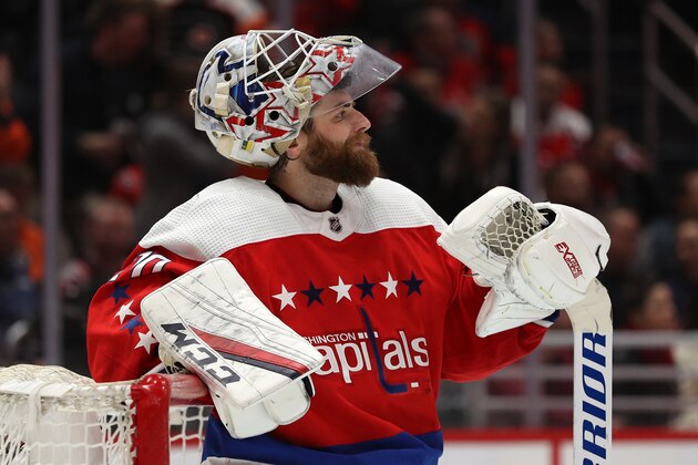 WASHINGTON, DC - MARCH 04: Braden Holtby #70 of the Washington Capitals looks on after allowing a goal against the Philadelphia Flyers during the third period at Capital One Arena on March 4, 2020 in Washington, DC. (Photo by Patrick Smith/Getty Images)