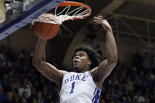 Duke center Vernon Carey Jr. (1) dunks against North Carolina during the second half of an NCAA college basketball game in Durham, N.C., Saturday, March 7, 2020. (AP Photo/Gerry Broome)