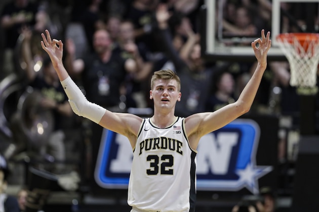 Purdue center Matt Haarms (32) celebrates during the second half of the team's NCAA college basketball game against Iowa in West Lafayette, Ind., Wednesday, Feb. 5, 2020. Purdue defeated Iowa 104-68. (AP Photo/Michael Conroy)
