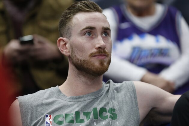 Boston Celtics forward Gordon Hayward looks on before the start of their NBA basketball game against the Utah Jazz Wednesday, Feb. 26, 2020, in Salt Lake City. (AP Photo/Rick Bowmer)