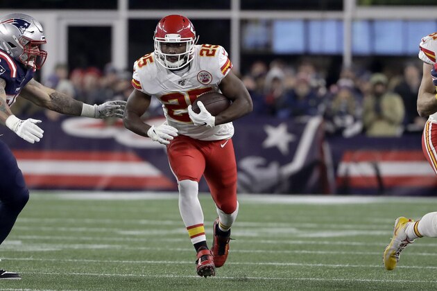 Kansas City Chiefs running back LeSean McCoy carries the ball in the first half of an NFL football game against the New England Patriots, Sunday, Dec. 8, 2019, in Foxborough, Mass. (AP Photo/Steven Senne) Kansas City Chiefs running back LeSean McCoy carries the ball in the first half of an NFL football game against the New England Patriots, Sunday, Dec. 8, 2019, in Foxborough, Mass. (AP Photo/Steven Senne)