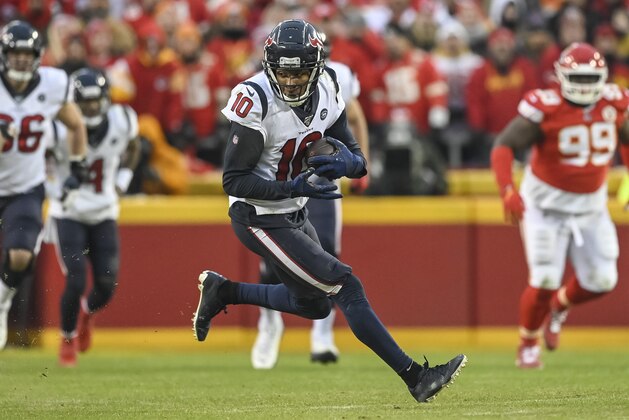 Houston Texans wide receiver DeAndre Hopkins (10) runs against the Kansas City Chiefs during the second half of an NFL football game in Kansas City, Mo., Sunday, Jan. 12, 2020. (AP Photo/Reed Hoffmann)