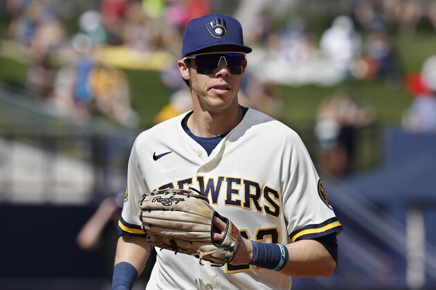 Milwaukee Brewers' Christian Yelich during a spring training baseball game, Sunday, March 8, 2020, in Phoenix, Ariz. (AP Photo/Sue Ogrocki)