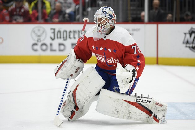 Washington Capitals goaltender Braden Holtby (70) stands on the ice during the first period of an NHL hockey game against the Pittsburgh Penguins, Sunday, Feb. 23, 2020, in Washington. (AP Photo/Nick Wass)