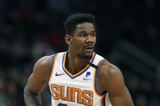 Phoenix Suns center Deandre Ayton is seen during the first half of an NBA basketball game, Wednesday, Feb. 5, 2020, in Detroit. (AP Photo/Carlos Osorio)