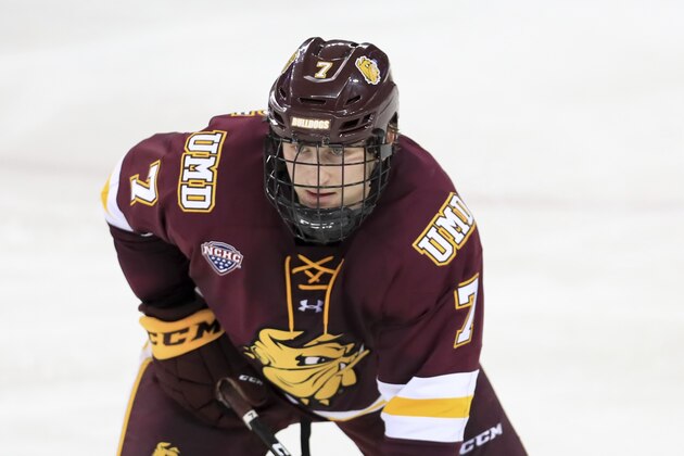 Minnesota-Duluth Bulldogs' Scott Perunovich (7) during an NCAA hockey game against the Miami RedHawks, Saturday, Dec. 6, 2019 in Oxford, Ohio. (AP Photo/Aaron Doster)