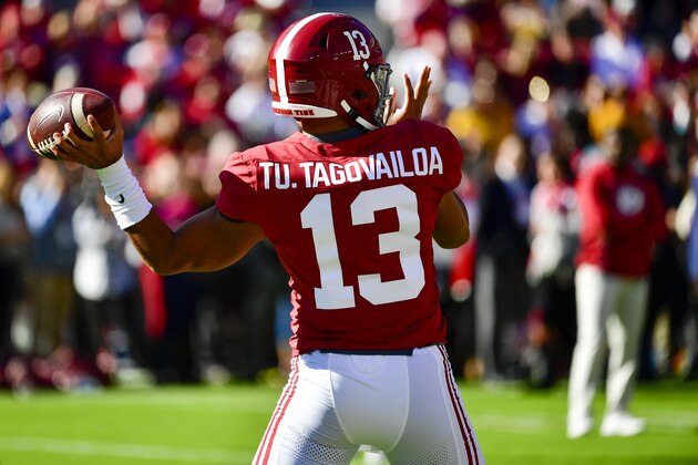 Alabama quarterback Tua Tagovailoa (13) warms up before an NCAA football game against LSU Saturday, Nov. 9, 2019, in Tuscaloosa, Ala. (AP Photo/Vasha Hunt) Alabama quarterback Tua Tagovailoa (13) warms up before an NCAA football game against LSU Saturday, Nov. 9, 2019, in Tuscaloosa, Ala. (AP Photo/Vasha Hunt)