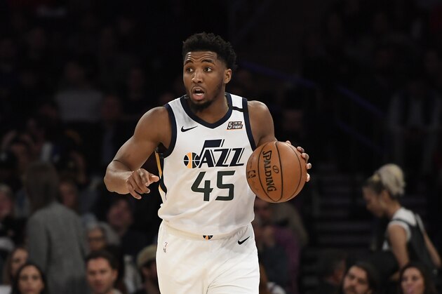 Utah Jazz guard Donovan Mitchell (45) dribbles the ball during the second half of an NBA basketball game against the New York Knicks in New York, Wednesday, March 4, 2020. (AP Photo/Sarah Stier)