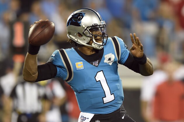 Carolina Panthers quarterback Cam Newton (1) passes against the Tampa Bay Buccaneers during the second half of an NFL football game in Charlotte, N.C., Thursday, Sept. 12, 2019. (AP Photo/Mike McCarn)