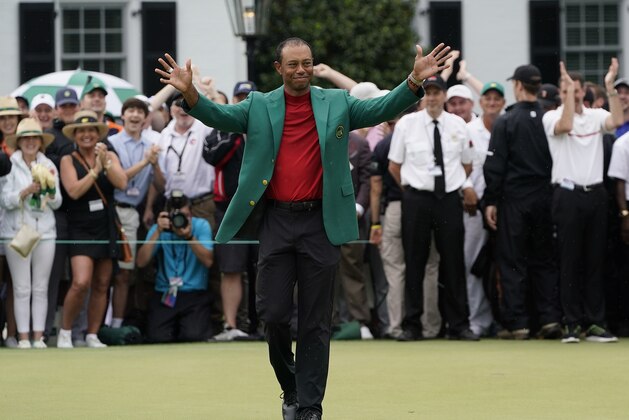 Tiger Woods celebrates after he won the Masters golf tournament Sunday, April 14, 2019, in Augusta, Ga. (AP Photo/David J. Phillip)
