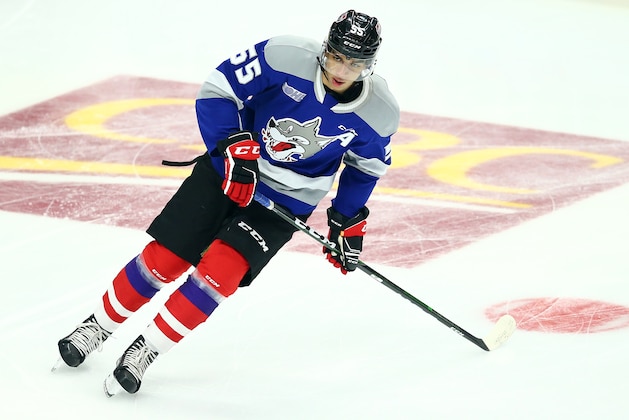 HAMILTON, ON - JANUARY 16:  Quinton Byfield #55 of Team Red skates during warm up for the 2020 CHL/NHL Top Prospects Game against Team White at FirstOntario Centre on January 16, 2020 in Hamilton, Canada.  (Photo by Vaughn Ridley/Getty Images)