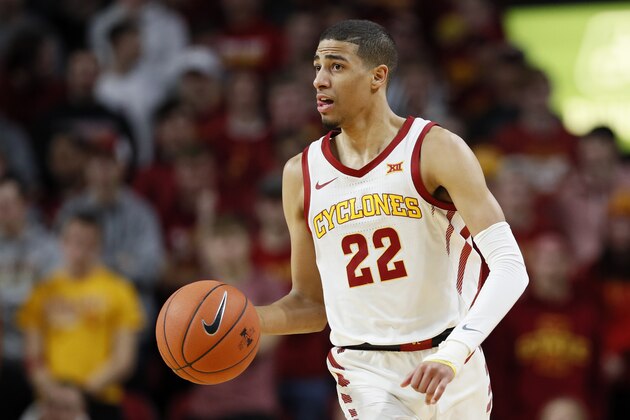 Iowa State guard Tyrese Haliburton drives up court during the first half of an NCAA college basketball game against Oklahoma State, Tuesday, Jan. 21, 2020, in Ames, Iowa. (AP Photo/Charlie Neibergall)