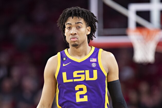 FAYETTEVILLE, AR - MARCH 4:  Trendon Watford #2 of the LSU Tigers looks at the photographer during a game against the Arkansas Razorbacks at Bud Walton Arena on March 4, 2020 in Fayetteville, Arkansas.  The Razorbacks defeated the Tigers 99-90.  (Photo by Wesley Hitt/Getty Images)