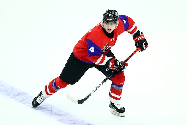 HAMILTON, ON - JANUARY 16:  Jamie Drysdale #4 of Team Red skates during the 2020 CHL/NHL Top Prospects Game against Team White at FirstOntario Centre on January 16, 2020 in Hamilton, Canada.  (Photo by Vaughn Ridley/Getty Images)