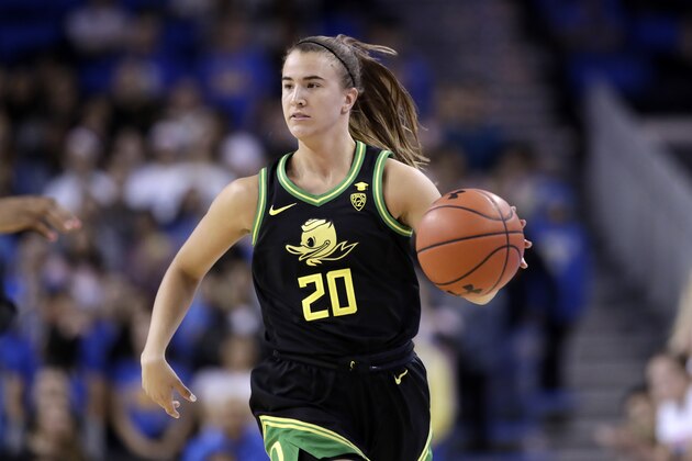 Oregon guard Sabrina Ionescu brings the ball up during the first half of the team's NCAA college basketball game against UCLA on Friday, Feb. 14, 2020, in Los Angeles. (AP Photo/Marcio Jose Sanchez)